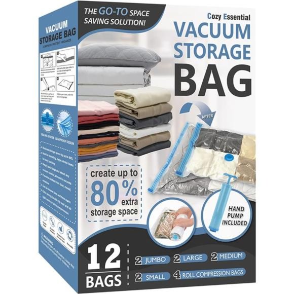 12 Pack Space Saver Bags(2 Jumbo/2 Large/2 Medium/2 Small/4 Roll)Compression Bag - Picture 6 of 7